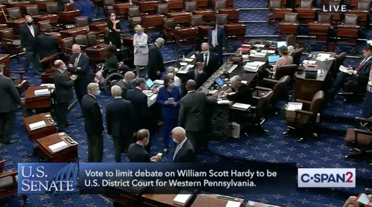 Screenshot of the Senate floor, showing senators voting on the judicial nominee.
