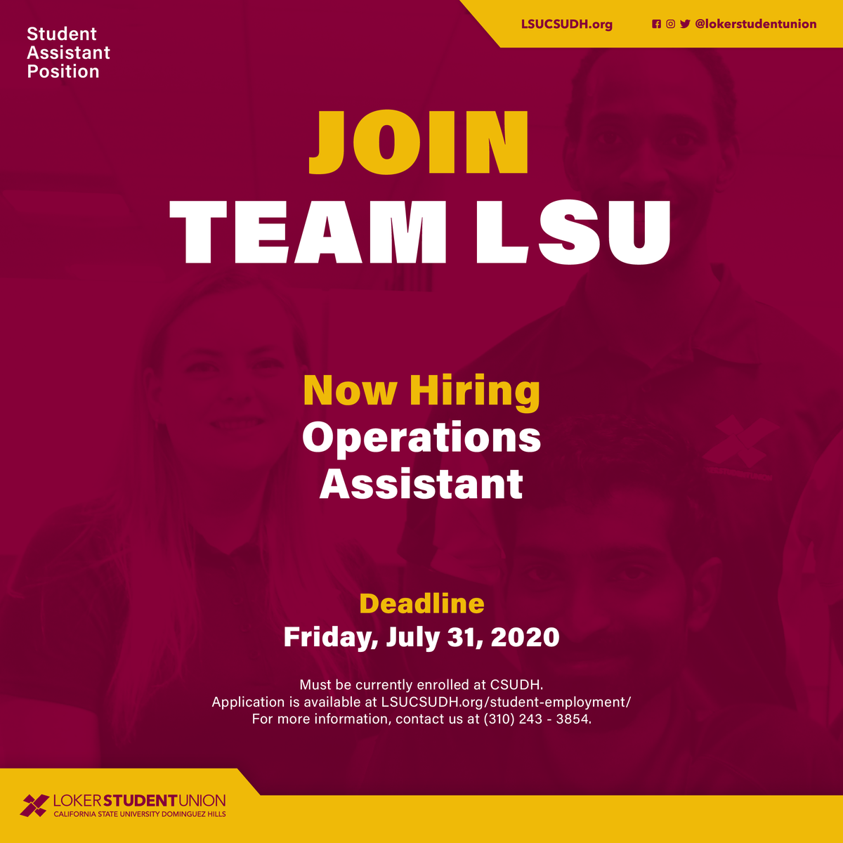 csudh_lsu's tweet photo. Hey Toros!
The Operations Assistant position is now accepting applications.
Visit our website for job description and application. Fill out and submit by July 31, 2020.
#csudh #gotoros #toropride #leadership #teamLSU #jobopportunity https://t.co/h59AN5CUVx