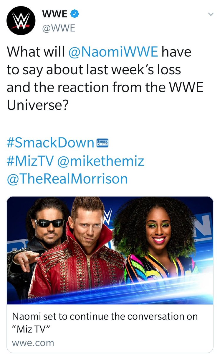 CodyShamoon's tweet photo. The ONLY reason I'll be watching this week. I can't wait to see @NaomiWWE give us life and snatch all the haters during this week's SmackDown! 🤗🤗 https://t.co/etI8VyjsDa