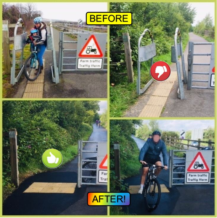 BikeWalkScoot's tweet photo. SPOT THE DIFFERENCE!!... 20+ discriminatory barriers removed in a matter of weeks by @RCTCouncil with more to go!!... leading the way in making Wales' #walking &amp; #cycling network accessible for all! Da iawn! #PathsforEveryone 🚲🚶‍♀️🛴♿️🏴󠁧󠁢󠁷󠁬󠁳󠁿👏 https://t.co/kRDVvhengl https://t.co/V0knCkBzfF