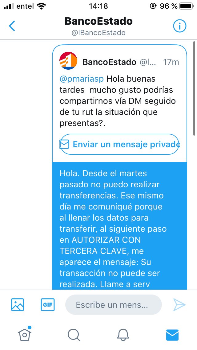 pmariasp's tweet photo. @lBancoEstado quiero REPORTAR a esta pagina. Modo operandi: te contestan un tweet para que les hables por interno, te preguntan cuál es el problema, rut y luego de eso te piden la clave del cajero. Dejo aquí pantallazos. OJO @BancoEstado #Difundir #BancoEstado #Cuidado https://t.co/Vh1or2fS01