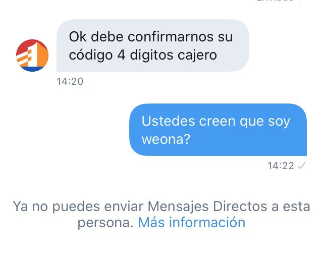 pmariasp's tweet photo. @lBancoEstado quiero REPORTAR a esta pagina. Modo operandi: te contestan un tweet para que les hables por interno, te preguntan cuál es el problema, rut y luego de eso te piden la clave del cajero. Dejo aquí pantallazos. OJO @BancoEstado #Difundir #BancoEstado #Cuidado https://t.co/Vh1or2fS01