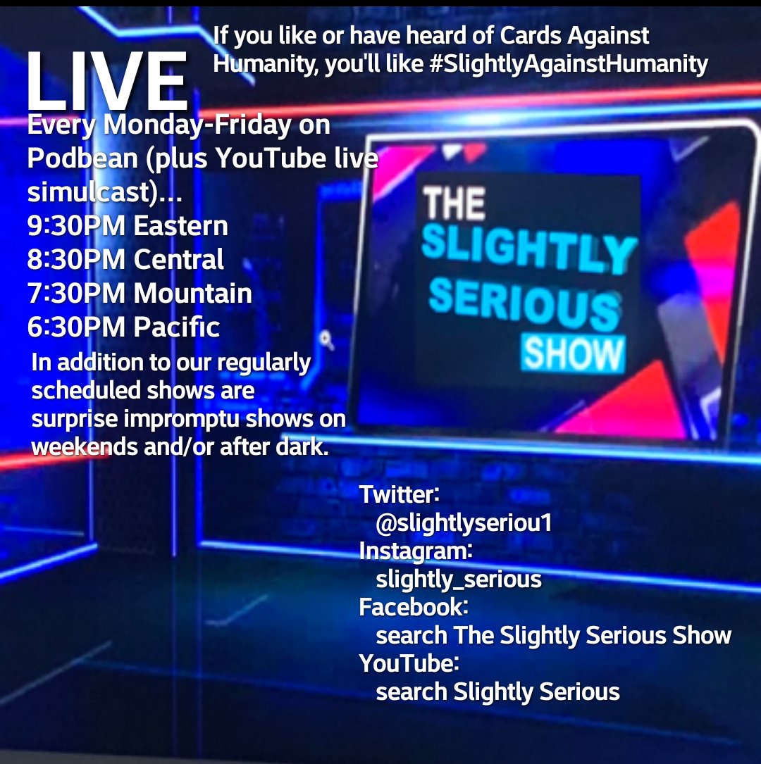 ek_atl8403's tweet photo. Thursday is our #SlightlyAgainstHumanity show.  @slightlyseriou1 and yours truly welcome you to check us out this evening.
@THEDENPODCAST1 @dreadnot928 @NaidaLimon @RandomChef1987 @Kristina6189 @watevathepayne @jondivitopod @HogDexter @hog_mt and additional #Podbean friends. https://t.co/gkniNPy8Is