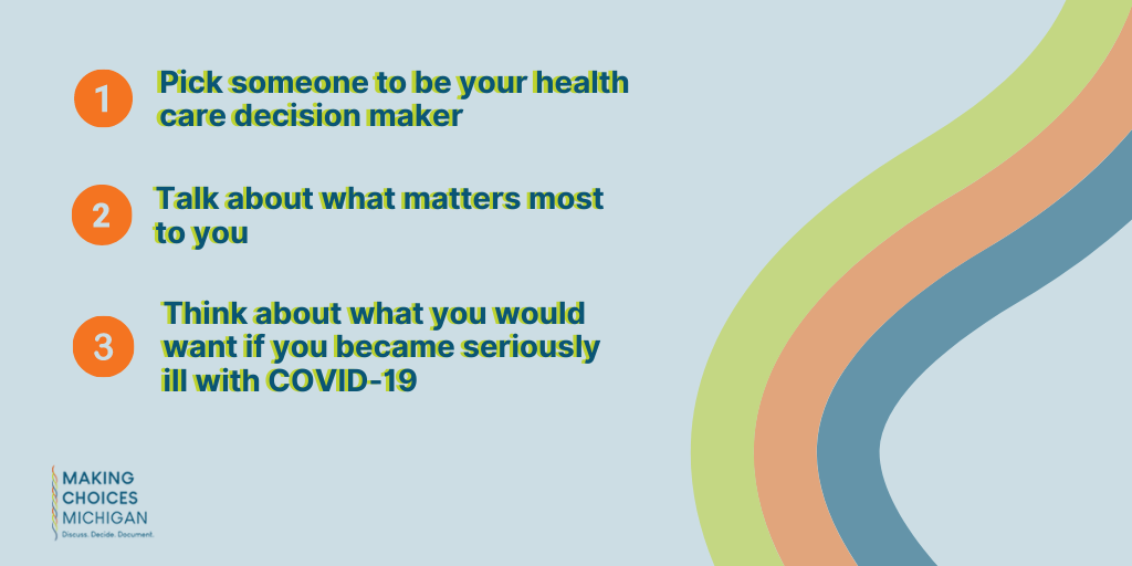 makingchoicesmi's tweet photo. As cases of COVID-19 continue to surge in Michigan and throughout the country, here are three important things each of us can do right now to feel more prepared. Visit https://t.co/No8e6OgrFi to fill out the complete @convoproject worksheet. https://t.co/ZfrfkV862o
