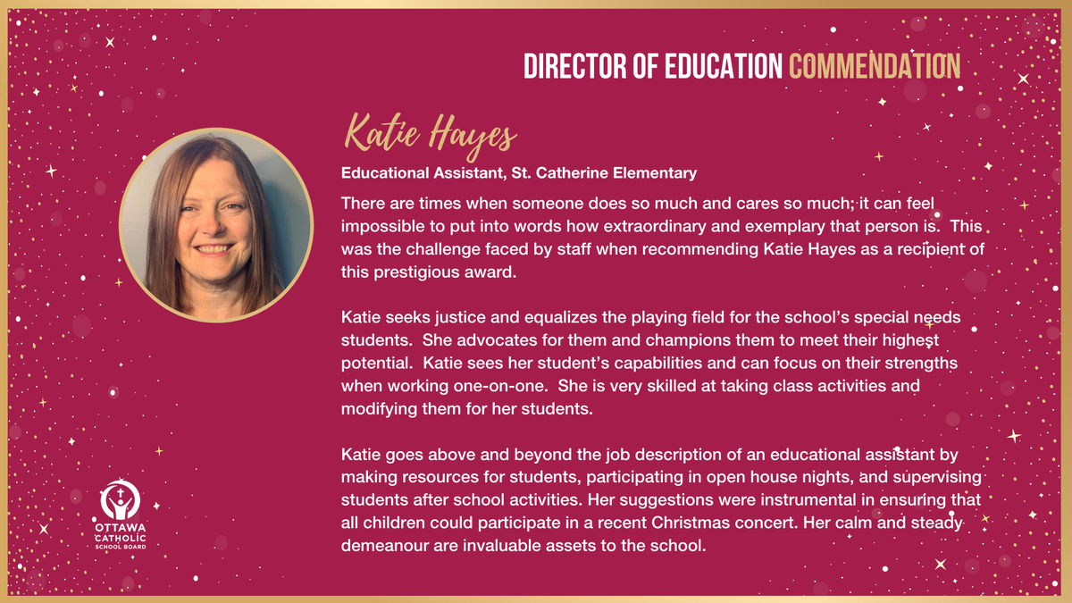 OttCatholicSB's tweet photo. "Katie seeks justice and equalizes the playing field for the school’s special needs students. She advocates for them and champions them..." Congratulations, Katie @StCatherineOCSB on your Director of Education Commendation Award! 🎉👏 https://t.co/IcBK1zivTO #BeOCSB https://t.co/9H94idPAs3