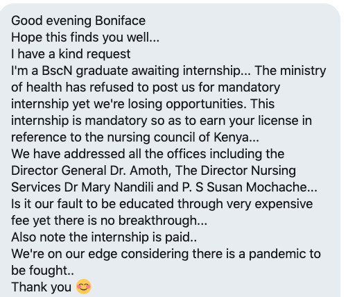 bonifacemwangi's tweet photo. "I'm a Bachelor of Science in Nursing graduate awaiting internship. The Ministry of Health has refused to post us for mandatory internship yet we're losing opportunities.This internship is mandatory so as to earn your license in reference to the nursing council of Kenya."-Via DM https://t.co/gUw08BBb5b
