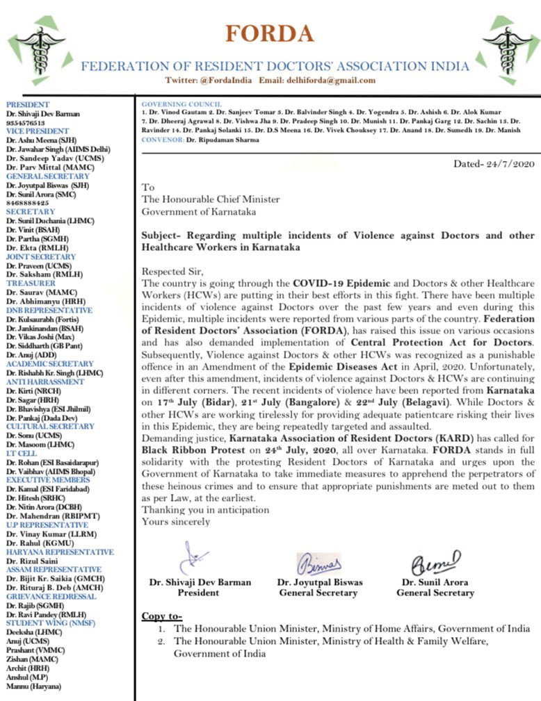 FordaIndia's tweet photo. Regarding multiple incidents of Violence against Doctors &amp; other Healthcare Workers, FORDA stands in full solidarity with the protesting Resident Doctors of Karnataka #CentralProtectionActforDoctors @CMofKarnataka @BSYBJP @AmitShah @drharshvardhan @MoHFW_INDIA @karnatakarda @ANI https://t.co/qgAYA3wGZ9