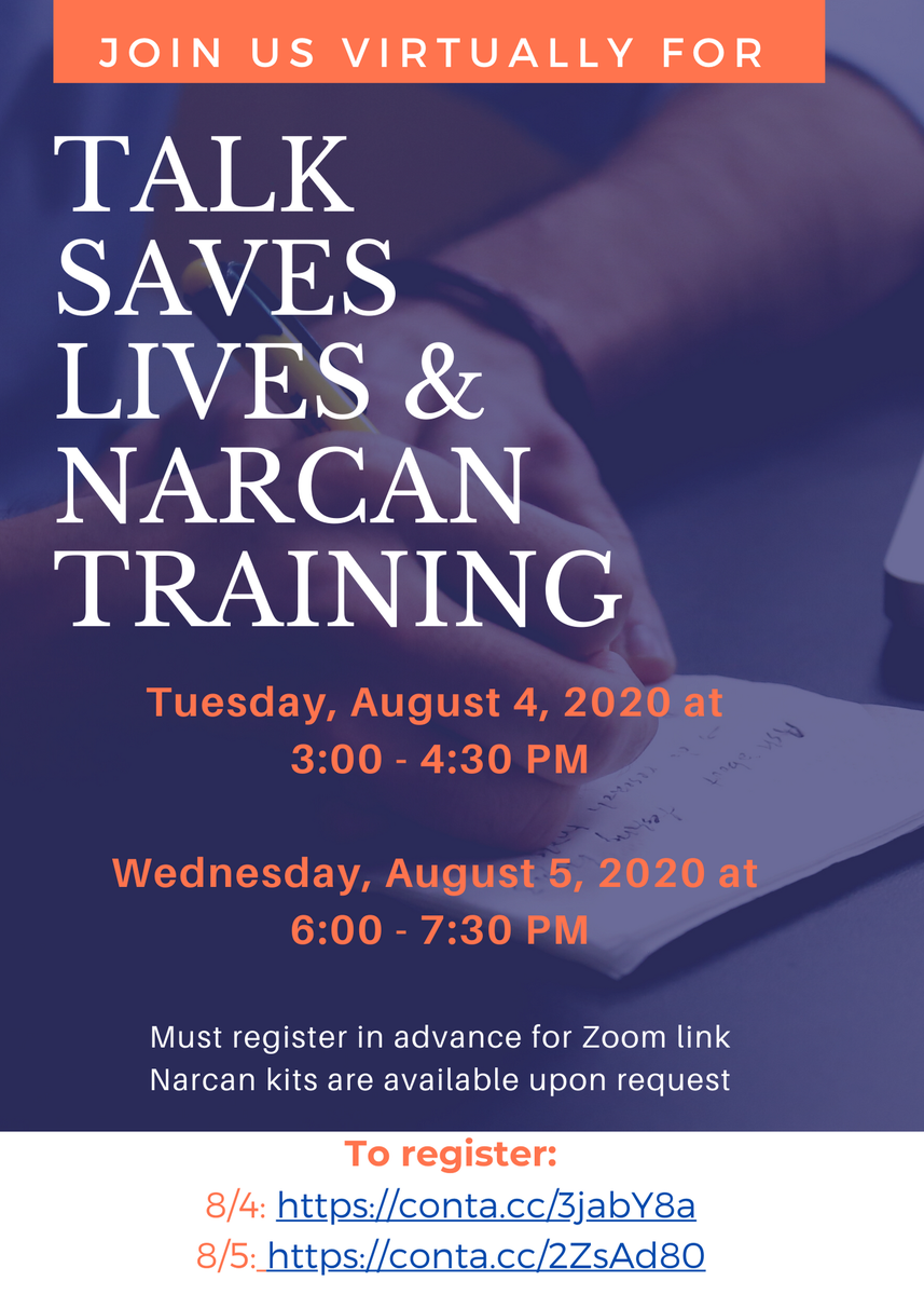 APWCT's tweet photo. 2 Upcoming Virtual Talk Saves Lives/Narcan Trainings in August! To register, 
8/4: https://t.co/lfGjcd1dRC 
8/5:  https://t.co/hJu8UMtSkk https://t.co/AQfSRfzIvJ
