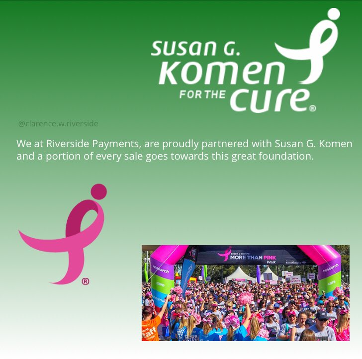 ClarenceWith's tweet image. “We at Riverside Payments, are proudly partnered with Susan G. Komen and a portion of every sale goes towards this great foundation.”
🎗

#raceforthecure