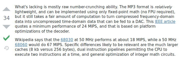 What's lacking is mostly raw number-crunching ability. The MP3 format is relatively lightweight, and can be implemented using only fixed-point math (no FPU required), but it still takes a fair amount of computation to turn compressed frequency-domain data into uncompressed time-domain data that can be fed to a DAC. This IEEE article quotes a minimum performance of 24 MIPS, and that is based on platform optimizations of the decoder.

Wikipedia says that the 68030 at 50 MHz performs at about 18 MIPS, while a 50 MHz 68060 would do 67 MIPS. Specific differences likely to be relevant are the much larger caches (8 kb versus 256 bytes), dual instruction pipelines permitting the CPU to execute two instructions at a time, and general optimization of integer math circuits.
