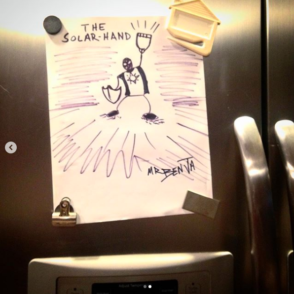 mrbenja's tweet photo. #BenjaConArt Here’s my contribution to the #BenjaCon artists’ alley for Wednesday’s prompt “PANDEMIC HERO”. — I call this magnificent refrigerator art “The Solar Hand”. Blastin fools with Vitamin D and all that heat. (Does that outfit look like a flag?) https://t.co/rzJn35Xfcz