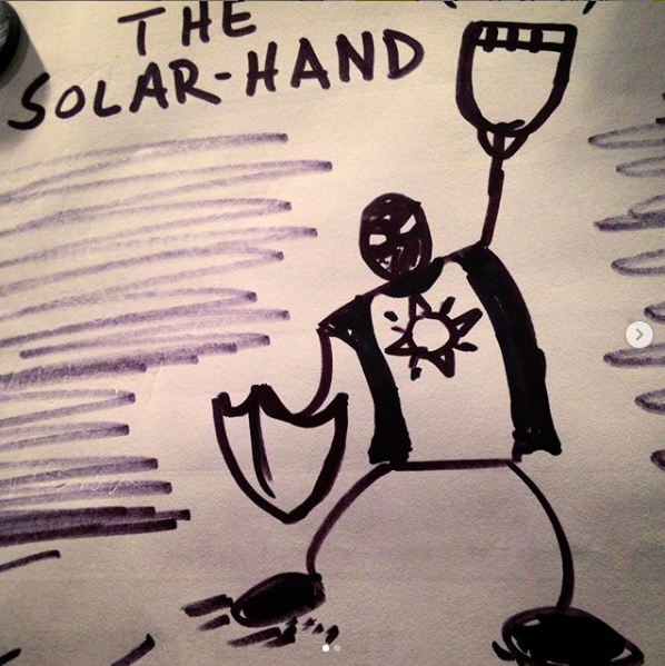 mrbenja's tweet photo. #BenjaConArt Here’s my contribution to the #BenjaCon artists’ alley for Wednesday’s prompt “PANDEMIC HERO”. — I call this magnificent refrigerator art “The Solar Hand”. Blastin fools with Vitamin D and all that heat. (Does that outfit look like a flag?) https://t.co/rzJn35Xfcz