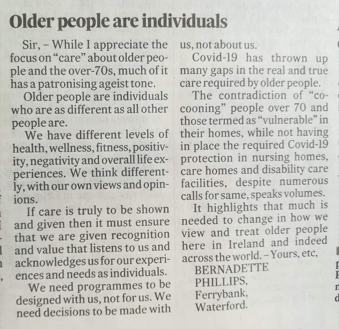 BPhillipsWriter's tweet photo. Had a huge response nationally and internationally to my recent letter in the @IrishTimes. Looking at the issues impacting on #olderpeople in Ireland. #Covid_19 has thrown up many areas that need attention being #patronised #ageism #loneliness #nursinghomes lack of #consultation https://t.co/YrFfxIAxvg