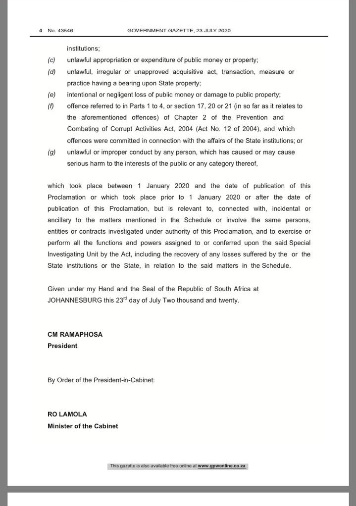 To speed up &amp; strengthen process of dealing with corruption, President today signed a proclamation for the SIU: investigate unlawful or improper conduct in procurement of any goods, works &amp; services during or related to the national state of disaster in any state institution:
