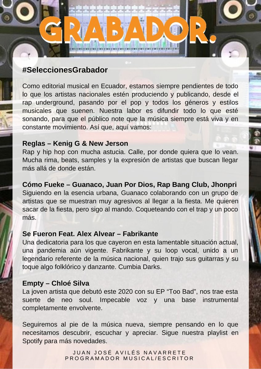 grabadorec's tweet photo. 📢No te pierdas el #review de @JuanJoseAviles de los últimos lanzamientos nacionales añadidos a nuestra playlist #SeleccionesGrabador y síguela en @SpotifyLatino 📲https://t.co/T4QCKrIzS0 
@guanaco_mc @AlexAlvearMusic @fabrikante https://t.co/pExMIeCN3N
