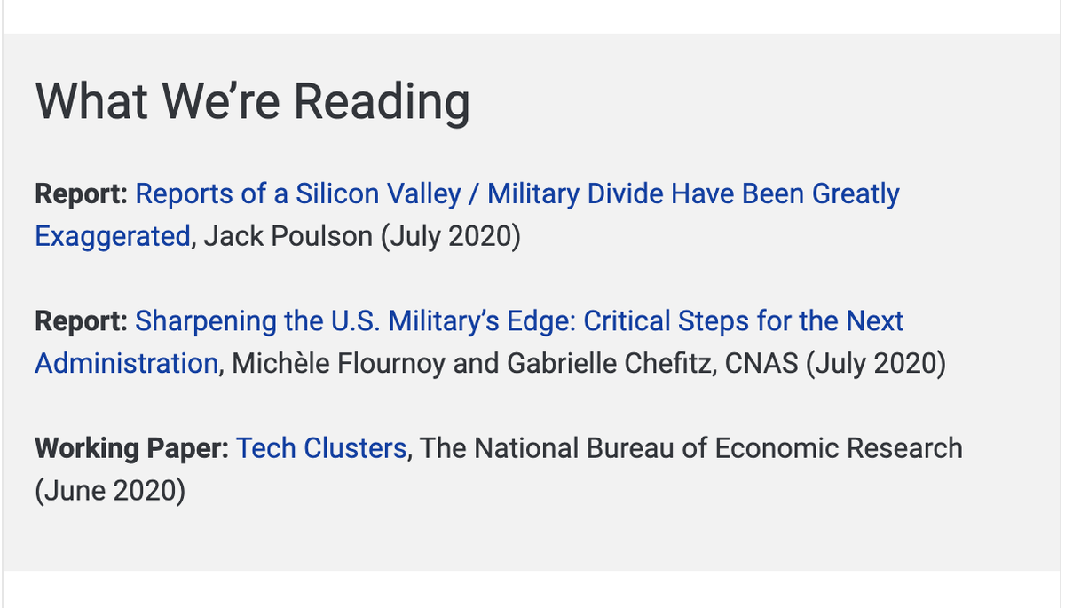 CSETGeorgetown's tweet photo. What we're reading this week from https://t.co/B9XgvRx7aQ:

1. Reports of a Silicon Valley / Military Divide Have Been Greatly Exaggerated by @_jack_poulson

2. Sharpening the U.S. Military's Edge by @micheleflournoy &amp; @GChefitz at @CNASdc

3. Tech Clusters by @nberpubs https://t.co/JfJxYKwZ6R