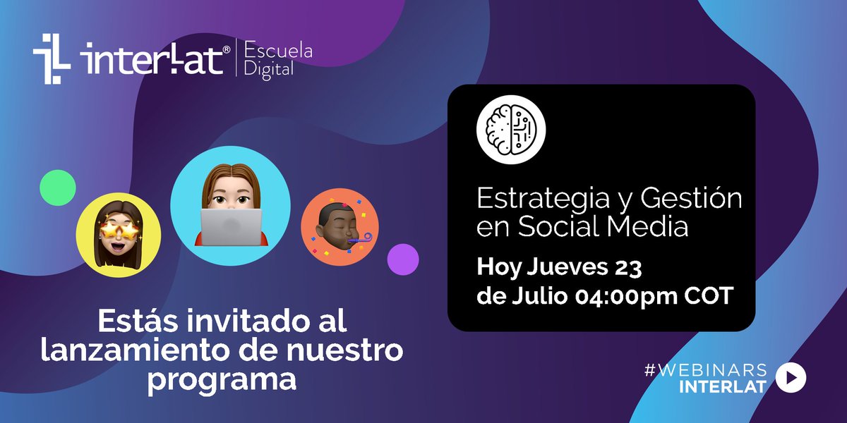 Interlat's tweet photo. ¡Anímate! Conversaremos sobre las estrategias y gestión en social media, además sortearemos una certificación de este nuevo programa. https://t.co/JCWESdFkg9 #LatamDigital #WebinarsInterlat https://t.co/zFP6usngZA