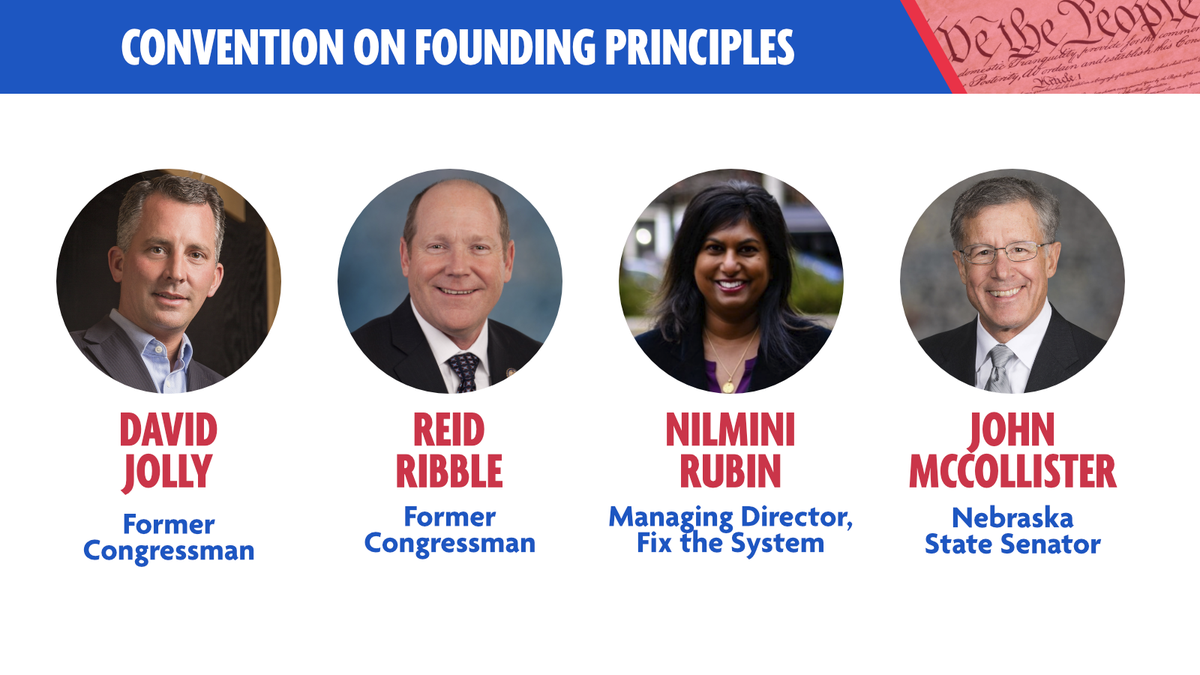 PrinciplesCon's tweet photo. Two former congressmen (@DavidJollyFL &amp; @RepRibble), a Nebraska state senator (@SenMcCollister), and the managing director of @FixTheSystemUS @nilminirubin are all speaking up for a new direction at the Convention on Founding Principles! #CFP2020 https://t.co/zJGrpmp9c2