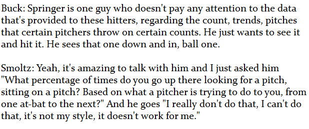 Okay, if you've stuck with me this far, you may appreciate this excerpt from Joe  @Buck and John Smoltz calling the  @Astros' George Springer at bat during last year's  @MLBonFOX broadcast of Game 7 of the World Series: