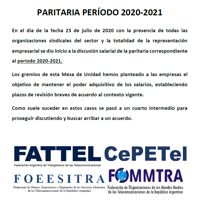 cepetel's tweet photo. Comunicado #MUS de 23/07/2020 #Paritarias Período 2020 2021
#telecomunicaciones #CePETel #fattel #foeesitra #fommtra #foetra https://t.co/b9tOCAPH9T