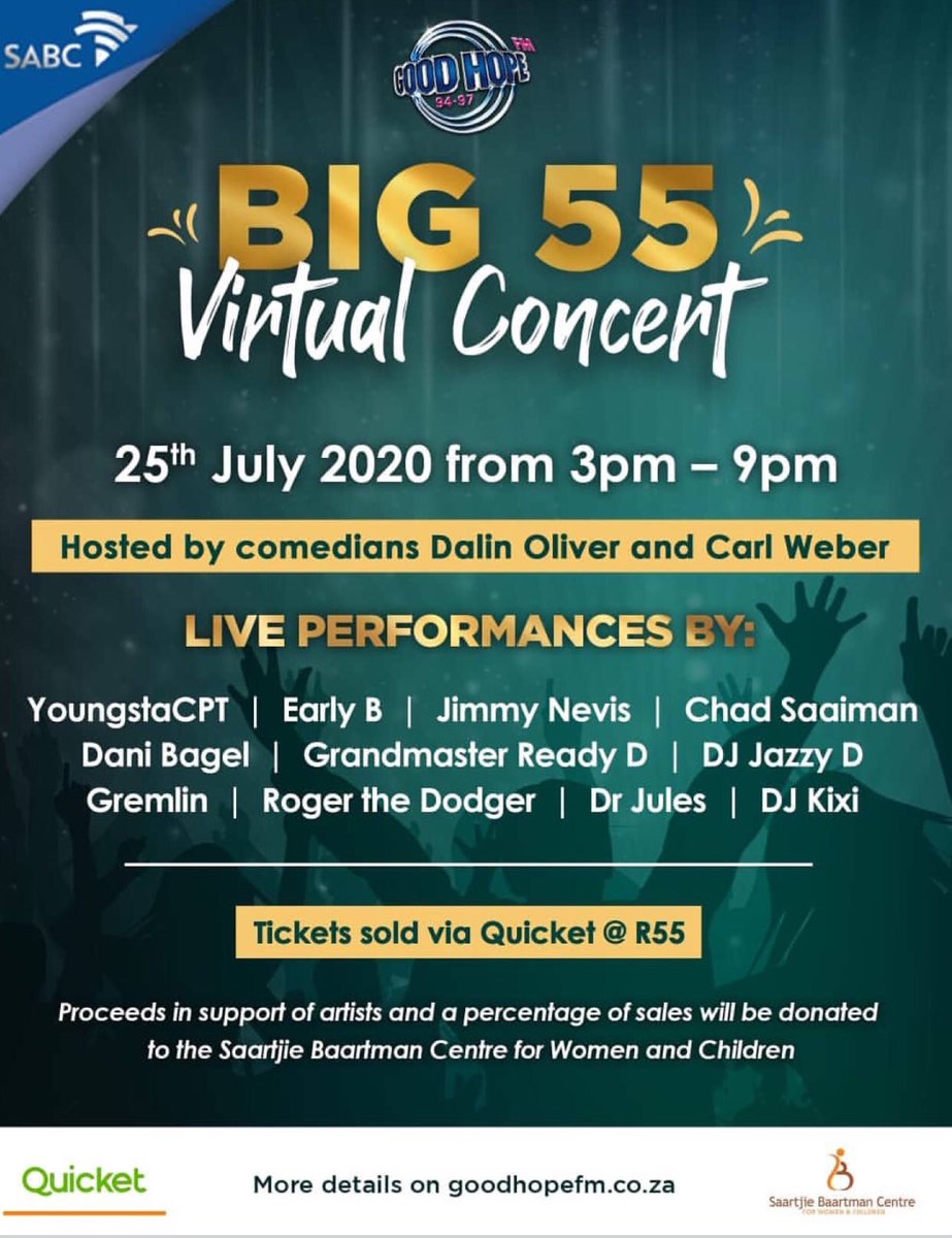 missdanibagel's tweet photo. R55 gets you a ticket to the @GoodHopeFM #Big55 Virtual Concert. 

Proceeds in support of artists and Saartjie Baartman centre for women and children🏠✨👩‍👧‍👦 https://t.co/iQVzS3hKhb