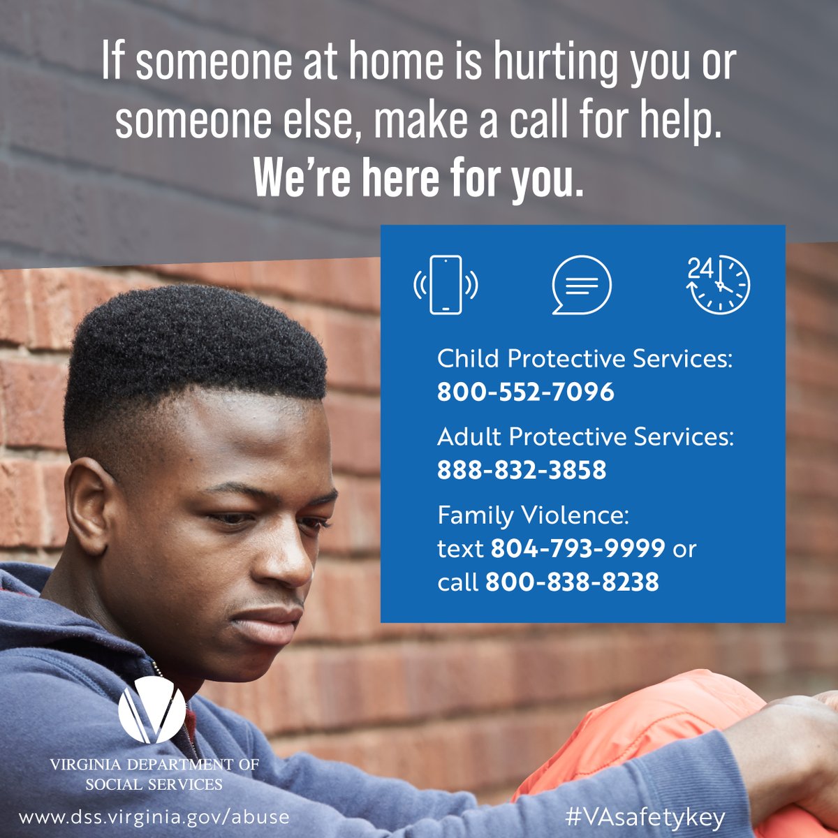 VDSS's tweet photo. Anyone can support the youth in their community by sharing hotline information. Spread the word during this physically-distant time with our sample social media posts (https://t.co/kByIGNx3P7). Visit https://t.co/5sD3qpfEYe for more information on reporting abuse/neglect. https://t.co/PKIn8pN4jw