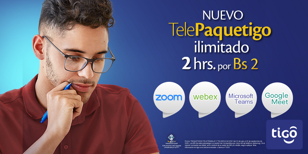 Tigo_Bolivia's tweet photo. ¿Tienes home office? ¿clases virtuales? Si la respuesta es ¡Sí!
Entonces tienes que activar este Paquetigo y conectarte desde casa.

📲 Zoom + Webex + Teams + Google Meet 2 horas x Bs. 2 😱

Cómpralo ya mismo por #TigoShop  ➡️ https://t.co/LHEQ2HKxSY
O marcando *222# https://t.co/LCMQUygk3r