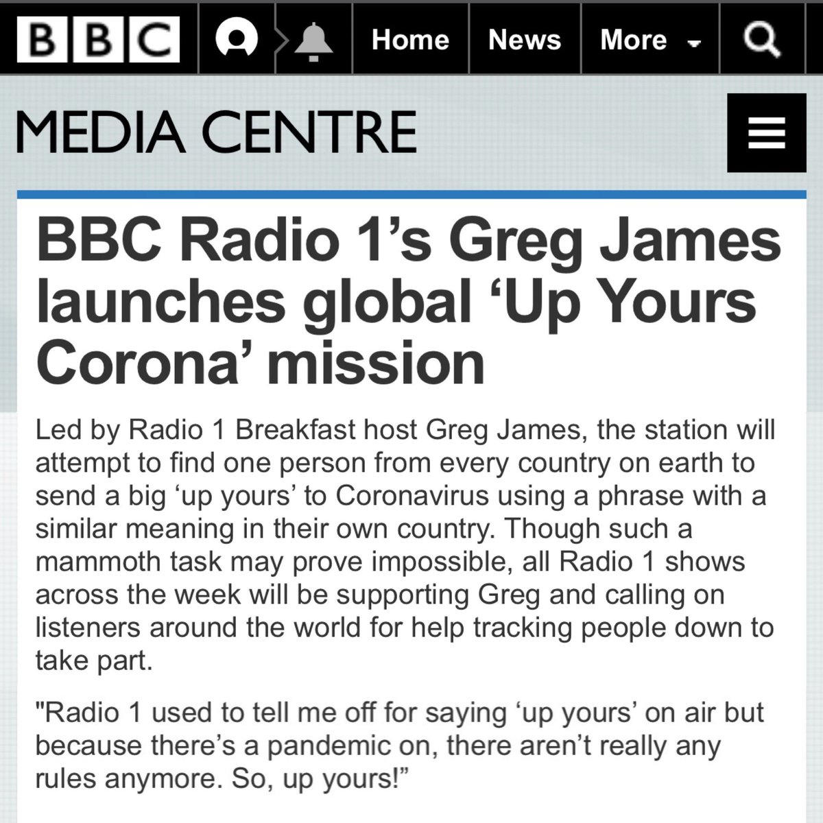 gregjames's tweet photo. I’m drunk with power that this sort of idiocy makes it into an official BBC press release 😂 

#UpYoursCorona https://t.co/d0YW8jNQ5G