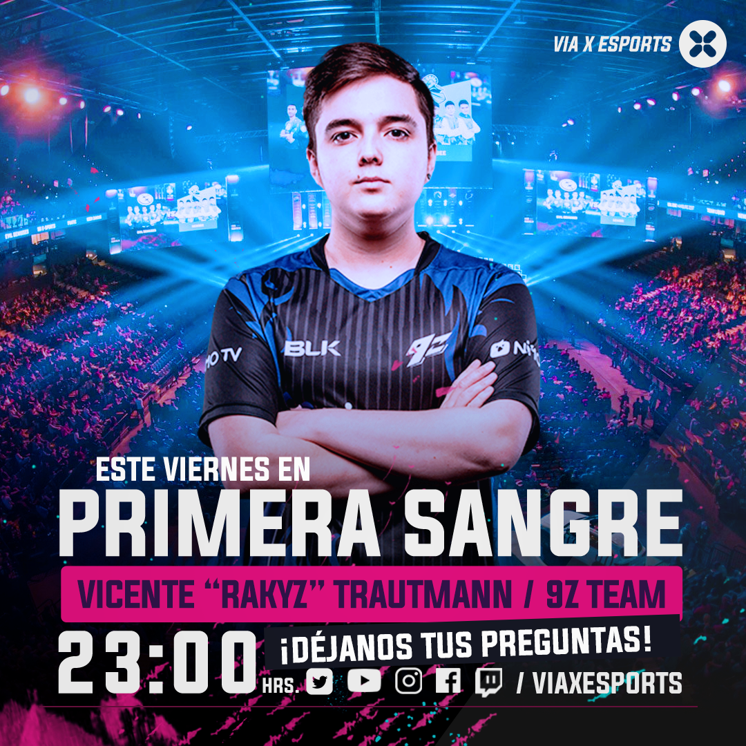 viaxesports's tweet photo. En #PrimeraSangre 💥 nos conectaremos con @Rakyzlol, proplayer de #LeagueOfLegends en @9zTeam 💻, ¿Qué te gustaría preguntarle al jugador? 🤓
Te leemos este viernes a las 23H por #VIAX2 ⚡ @icata y @bombastic_cl https://t.co/BODMDbZMuW