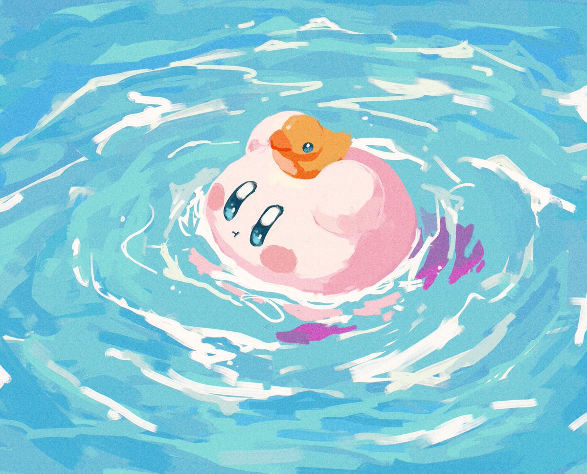 kirby water no humans afloat blue eyes blush stickers looking up rubber duck  illustration images