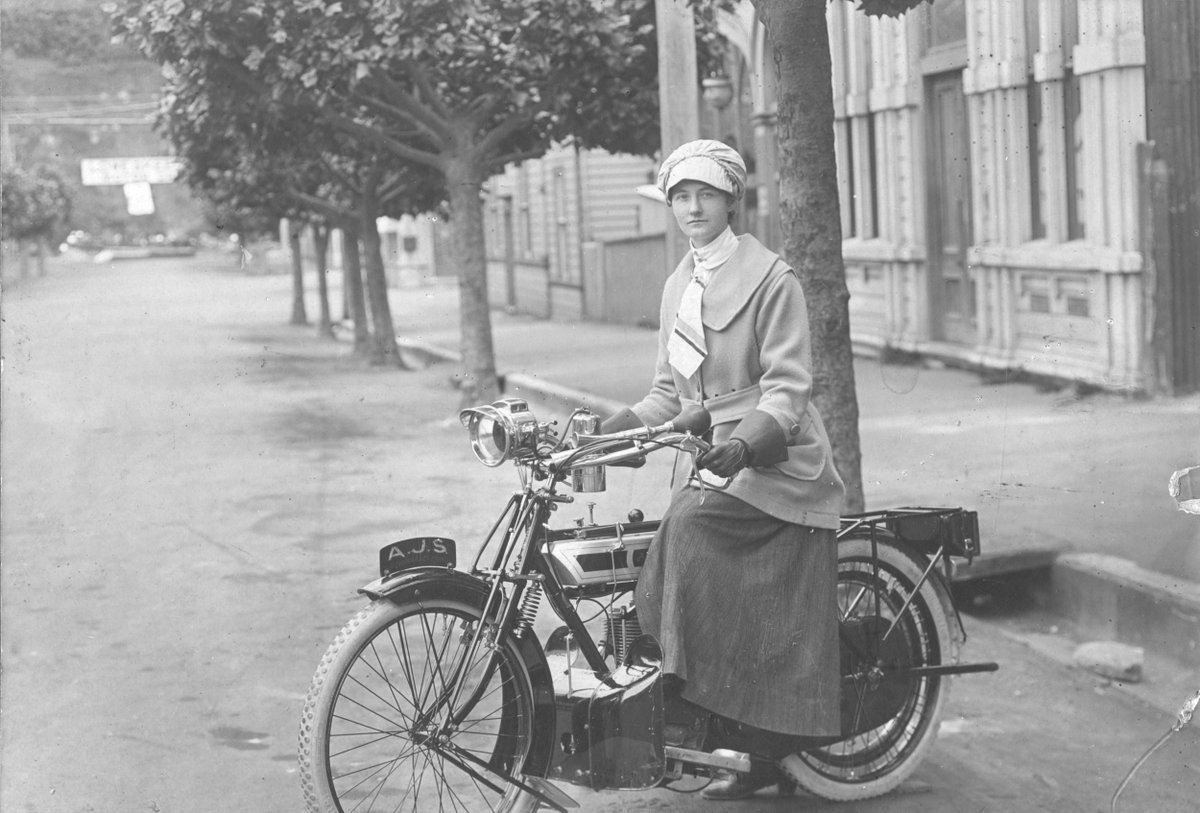 From the archive
This 1920s portrait features Miss Muriel Alice Finnis with an AJS motorcycle in Herschell Street, Napier. Muriel was the daughter of Mrs Alice Finnis and Mr Albert Hardy Finnis, described in his obituary as ‘a well-known and highly esteemed resident of Napier’.