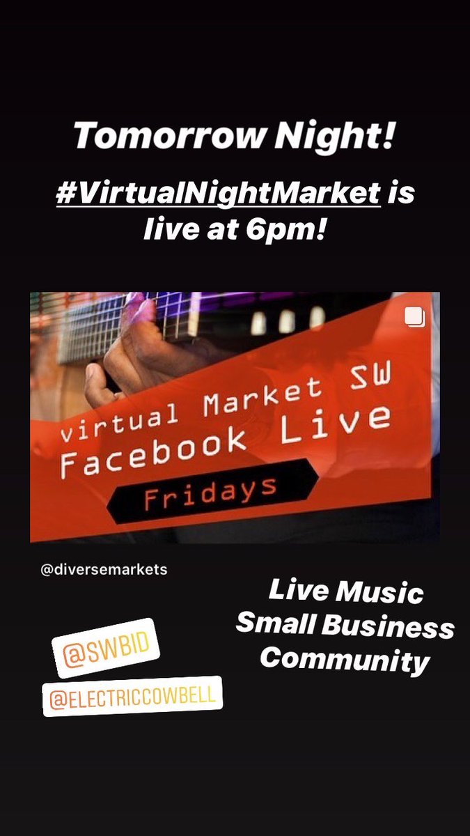 market_sw's tweet photo. Don’t miss the #VirtualNightMarket tomorrow! The Live Stream will be taken over by Cheick Hamala Diabate, courtesy of @ElectricCowbell! We also will sharing @SWBID fitness content and small business showcases! Show starts at 6pm on the MarketSW FB Page! https://t.co/bYnzGZuo5T