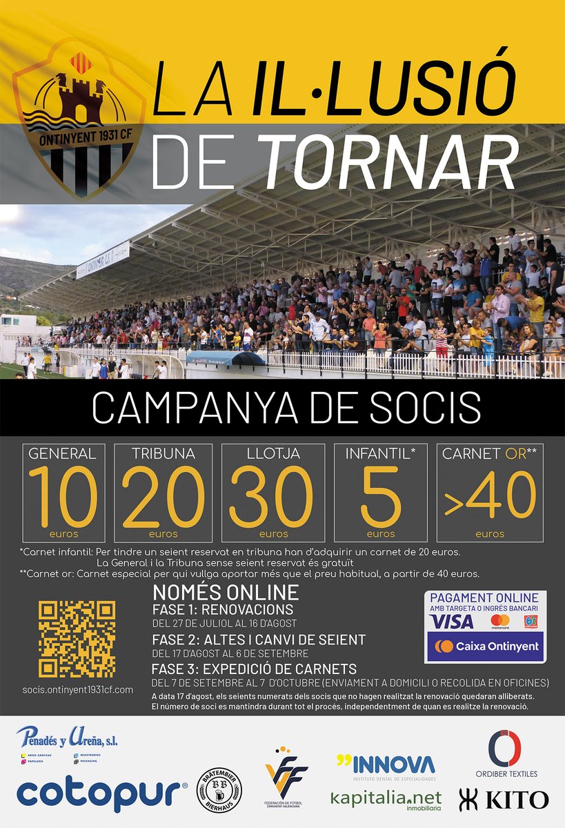 🤍 LA IL·LUSIÓ DE TORNAR 🖤
Campanya de socis 2020/2021
▪️ Renovacions del 27/07 al 16/08
▪️ Altes i canvis de seients del 17/08 al 6/09
▪️ Expedició del 7/09 al 7/10. Entrega amb cita prèvia o enviament a domicili.
➡️ ontinyent1931cf.com/index.php/noti…