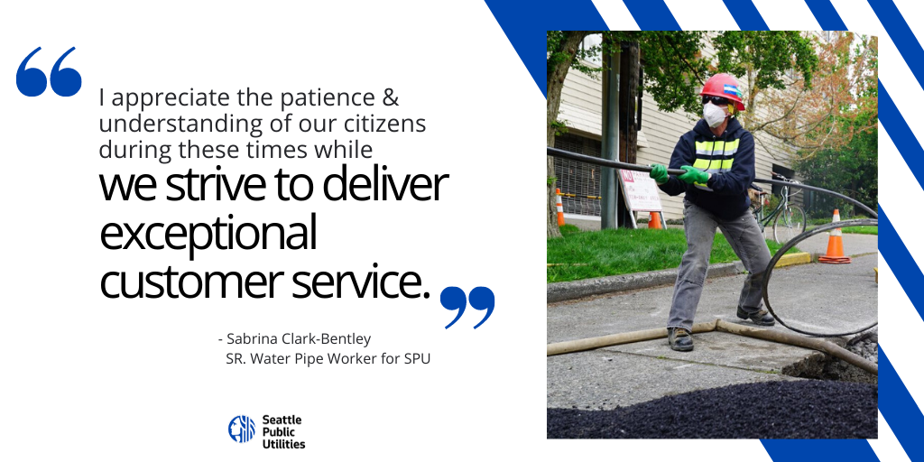 SeattleSPU's tweet photo. While working on the front lines, SPU Water Pipe Worker, Sabrina Clark- Bentley is ensuring safety and exceptional customer service are priorities throughout her work. Thank you Sabrina for your work within the communities we serve.
#ThankYouSPUFrontLine #ThankfulThursday https://t.co/2OcmcX9Eyx