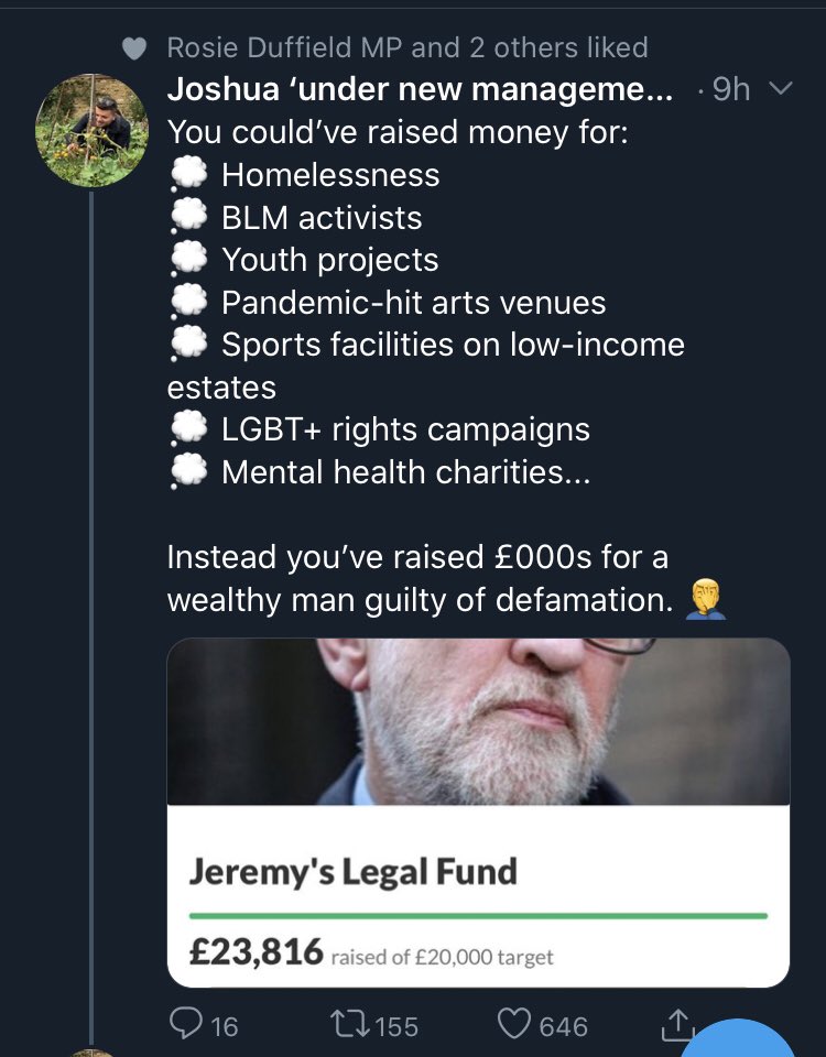 AyoCaesar's tweet image. Jeremy Corbyn isn’t guilty of defamation unless or until he’s convicted of such an offence. That’s how our legal system works. A legislator like Rosie Duffield should probably be a little more circumspect with her likes!