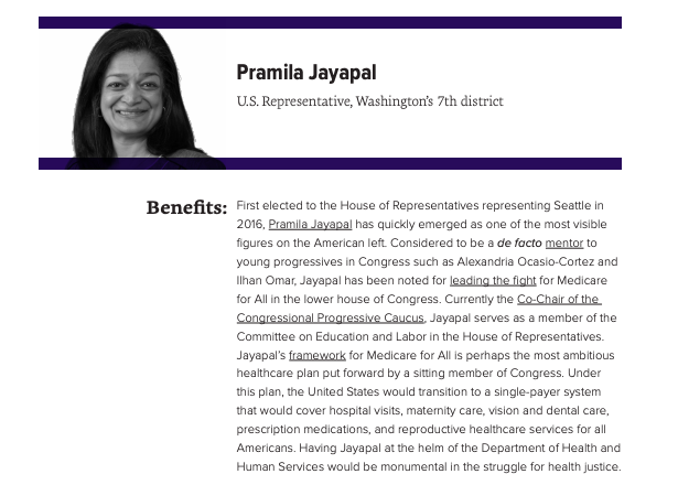 For the position of Secretary of Health and Human Services, Data for Progress recommends that former Detroit Health Department Director  @AbdulElSayed, former CMMS Administrator  @DonBerwick, Representative  @RepJayapal, and APHA Director  @GeorgesBenjami7 be considered for the role.