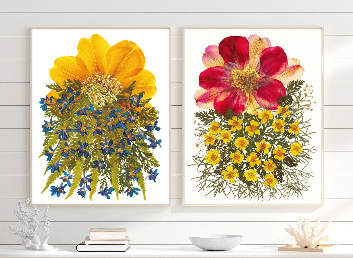 Flowers set of 2 pieces, tulip, fern, buttercups, dried flowers art etsy.me/30JcIIX #gallerywallset #botanicalprintset #artprint #floralwallart