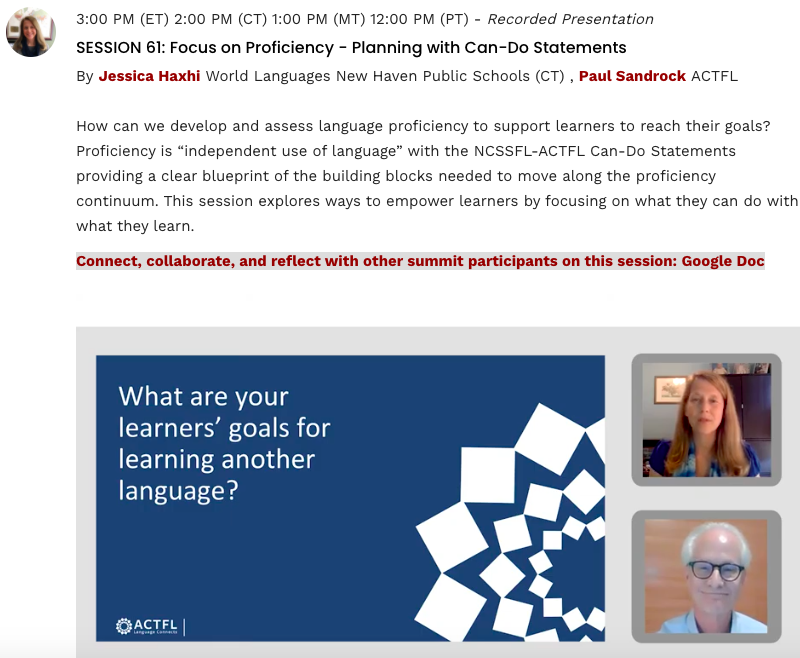 LXJSmonk's tweet photo. Learning with @jhaxhi and @psandrock on how educators can develop and assess language proficiency to support learners to reach their goals. #NFLCvirtualsummit #CanDoStatements @actfl @NCSSFL @NFLC_UMD https://t.co/LrYl6sLBJ1