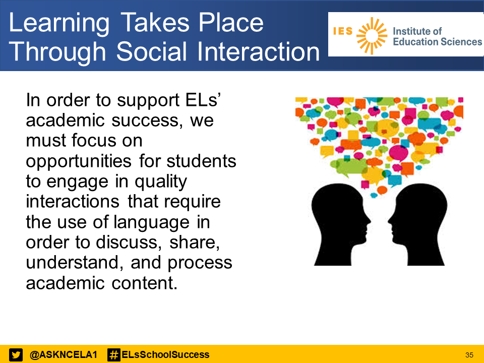 If we believe learning takes place through social interaction, the main vehicle for learning is #language. Whether learning is taking place in person or virtually, #ELs must be afforded opportunities to interact in authentic ways. #OELA #ELsSchoolSuccess <a href="/REL_West/">REL West</a> <a href="/IESResearch/">IES Research</a>