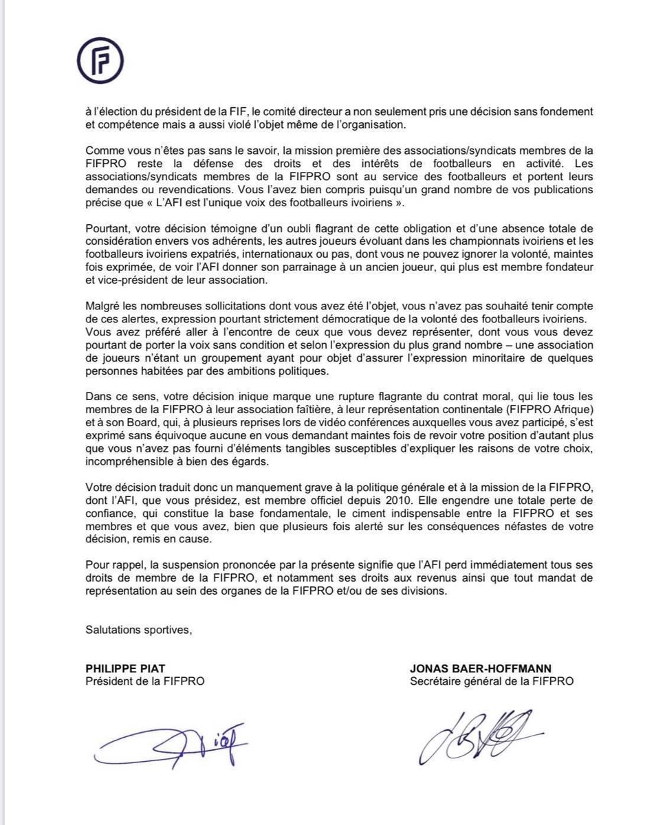 CotedIvoire_off's tweet photo. #FIFPRO : Suspension de l’Association des Footballeurs Ivoiriens (AFI) avec effet immédiat. https://t.co/fpLA1vQv6e