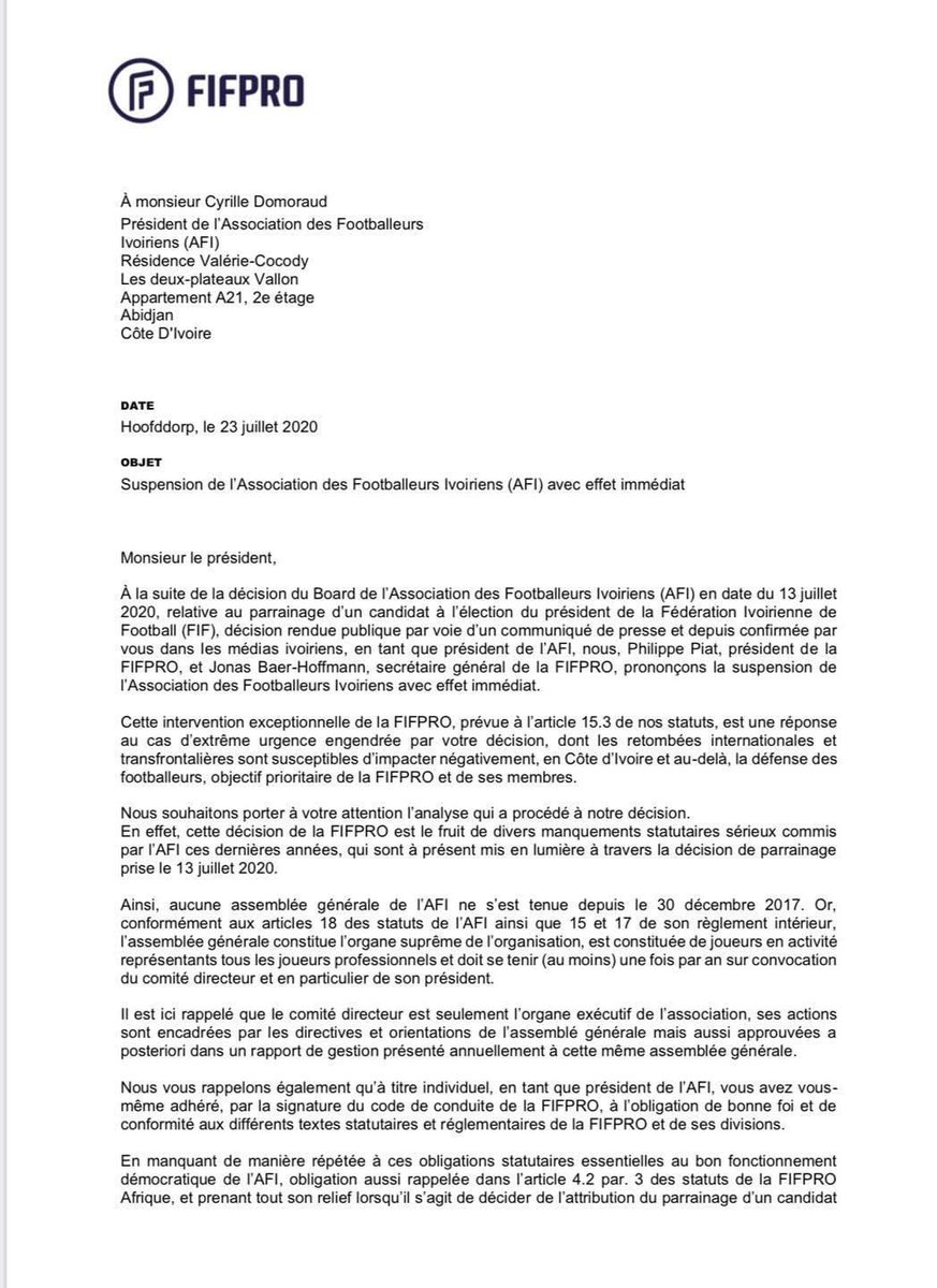 CotedIvoire_off's tweet photo. #FIFPRO : Suspension de l’Association des Footballeurs Ivoiriens (AFI) avec effet immédiat. https://t.co/fpLA1vQv6e
