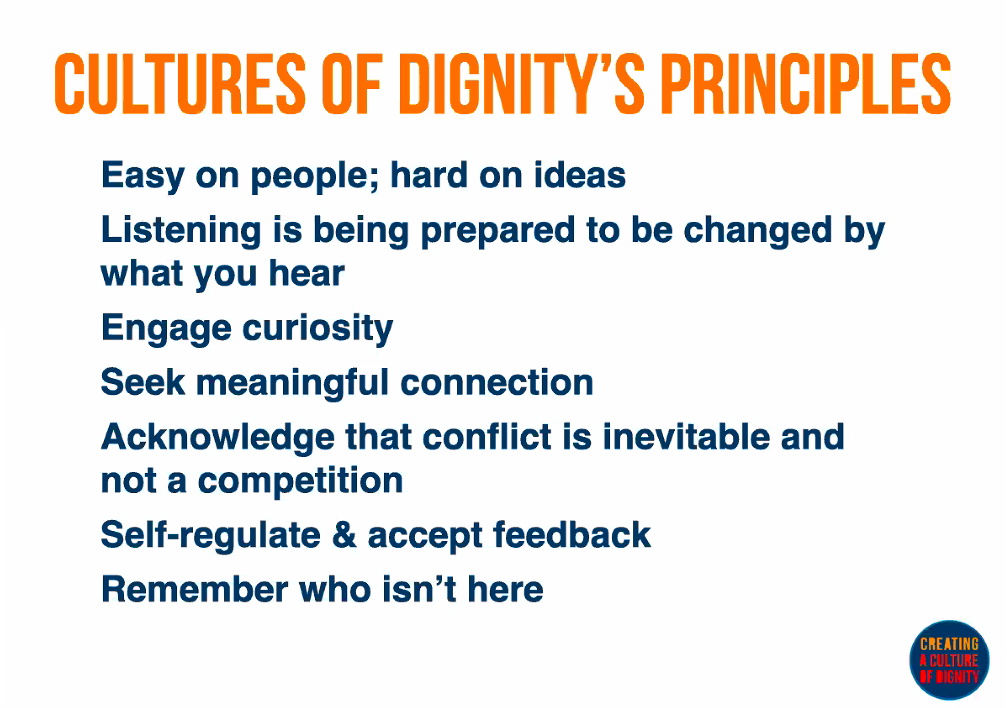 NatStuCo's tweet photo. Cultures of Dignity’s Principles 
— Rosalind Wiseman #NatStuCo20 https://t.co/hPic6eZSJD