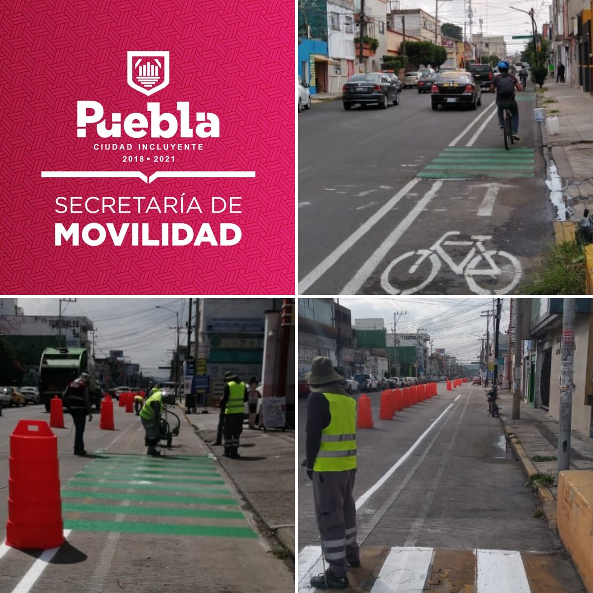 cont'd: Update from Puebla/Mexico via  @MovilidadPue : "Seguimos conectando las  #CiclovíasEmergentes  Nuestro equipo de cuadrillas, realiza trabajos de señalamiento horizontal en la 25 poniente entre 11 sur y 9 sur.