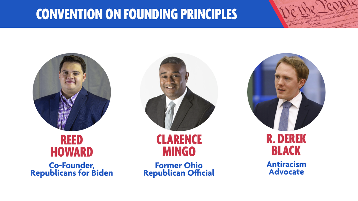 PrinciplesCon's tweet photo. Did you think we were done? Nope.

Tune in Aug 24-27 to hear from Co-Founder @GOPforJoe @ReedHowardVA, Antiracist Advocate @RDerekBlack, and Fmr Ohio Republican Official @ClarenceMingo at the Convention on Founding Principles. #CFP2020 https://t.co/beCdRbWyLm
