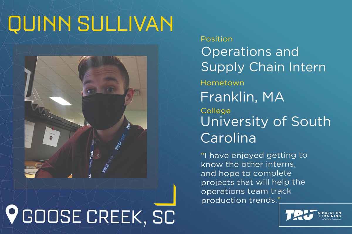 TRUsimulation's tweet photo. We’re four productive weeks in with our summer interns and only two to go. Meet this week’s intern spotlights from Human Resources, Quality Engineering, and Operations/Supply Chain. #TruSim #InternsALLin #TRU2020interns #InternSpotlight https://t.co/EDq4ADwJES