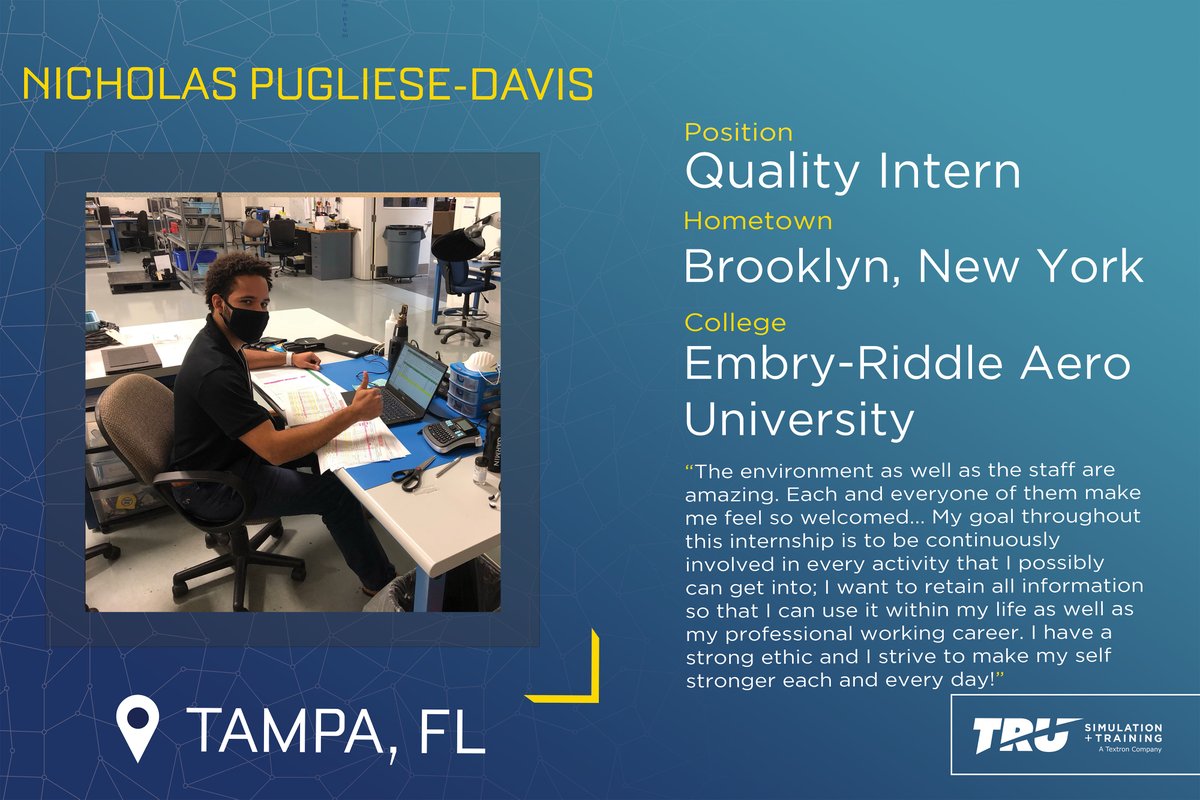 TRUsimulation's tweet photo. We’re four productive weeks in with our summer interns and only two to go. Meet this week’s intern spotlights from Human Resources, Quality Engineering, and Operations/Supply Chain. #TruSim #InternsALLin #TRU2020interns #InternSpotlight https://t.co/EDq4ADwJES