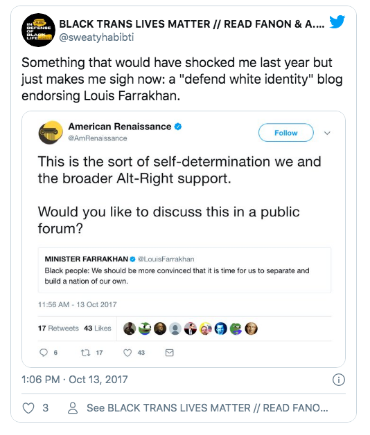 Leaders of the alt-right replied to Farrakhan with an invitation to join forces to realize their shared goal of an ethno-state: