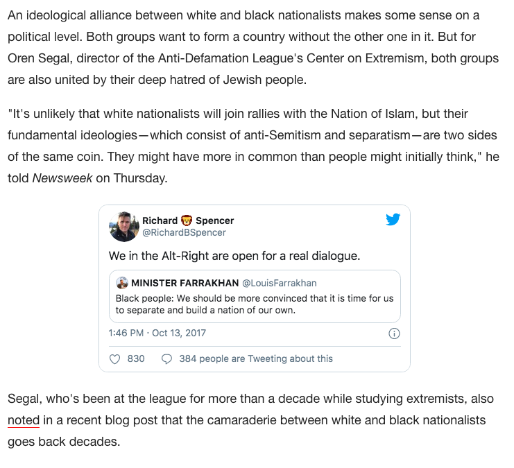 Later, Mike Enoch, whose podcast, The Daily Shoah, espouses anti-Semitism to its reportedly 100,000 listeners, expressed his long-held admiration for the minister. He tweeted: "I've always been a fan of Farrakhan Tbh."