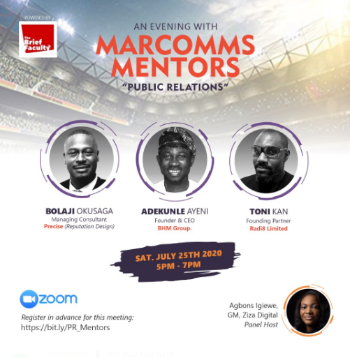 enterpriseceo's tweet photo. It's @Thebrieffaculty's Evening with Marketing Communications' mentors.

Register in advance: https://t.co/4bbsOQJX7T to be part of the engagement with @bokusaji @ayenithegreat &amp; @tonikan11 on Saturday, 25th of July, 2020 by 5:00PM

@onedemola @basamta https://t.co/x1hSmGsI2M