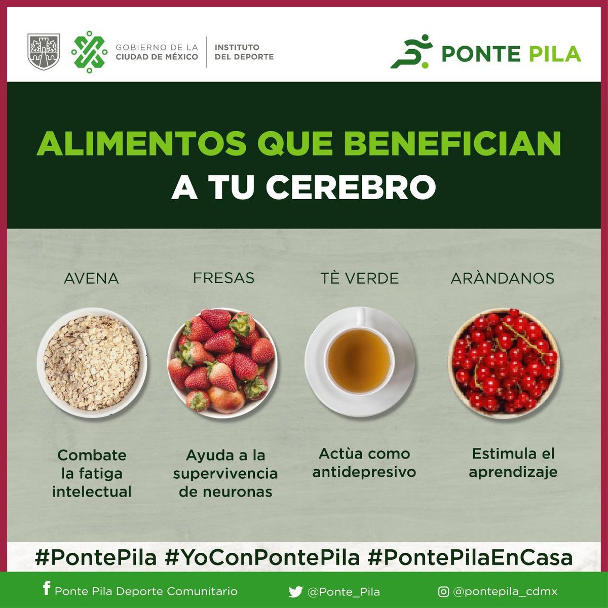 Ponte_Pila_'s tweet photo. 🟢 #PontePilaEnCasa
Nuestro programa Ponte Pila fomenta la buena salud física y mental, los cuales son muy importantes para el día a día, hoy queremos compartirles algunos alimentos que benefician a nuestro cerebro. No olviden que es momento de mantenernos saludables. https://t.co/epPkrOJkQg